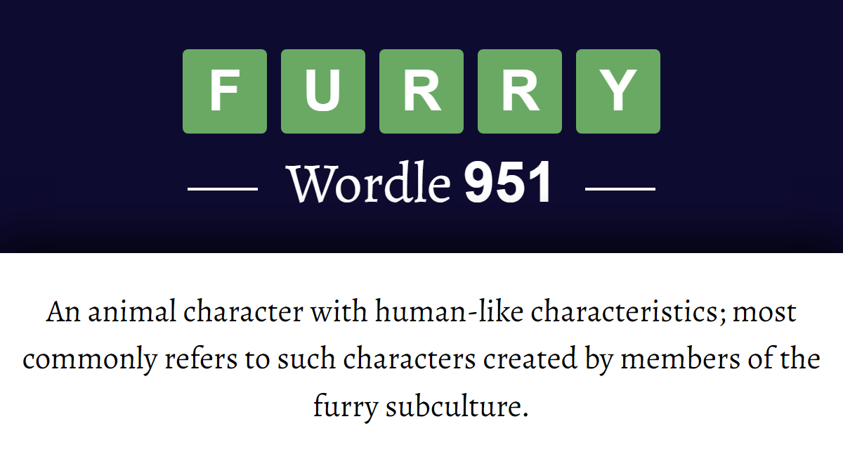 What does ‘FURRY’ mean in Wordle 951? (26th January 2024)